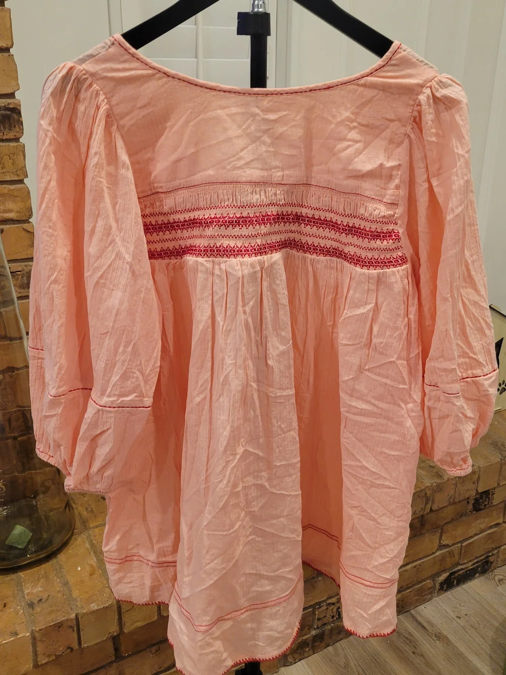 Free People Peach Pink Embroidered Peasant Blouse